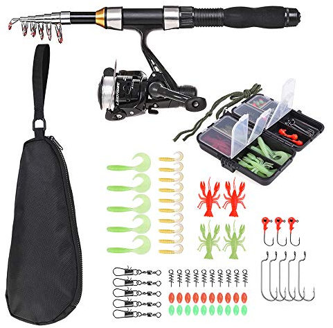 Lixada Kit complet de canne à pêche avec moulinet télescopique de 1,5 m avec hameçons, leurres souples, baril pivotant, sac de rangement