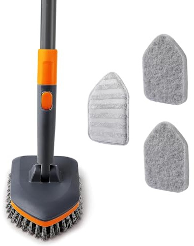 CLEANHOME Tile Tub Scrubber Brush with 3 Different Function Cleaning Heads and 56 Extendable Long Handle-No Scratch Shower Scrubber for Cleaning Bathroom Kitchen Toilet Wall,Bathtub,Sink,Grey