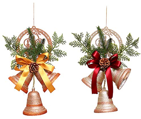 HJHIWE 2-pack glitter julklockor ornament hänge, 30 cm extra stor hängande bjällerklockor julklocka med band, tallkottar och tallnålar för julgran, dörr, heminredning.