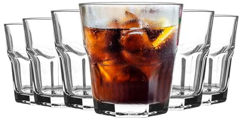 Tradineur - Juego de 6 vasos de cristal, modelo Aras, resistentes, base gruesa, servir agua, licores, bebidas, fiestas, uso diario (200 ml, 8 cm)