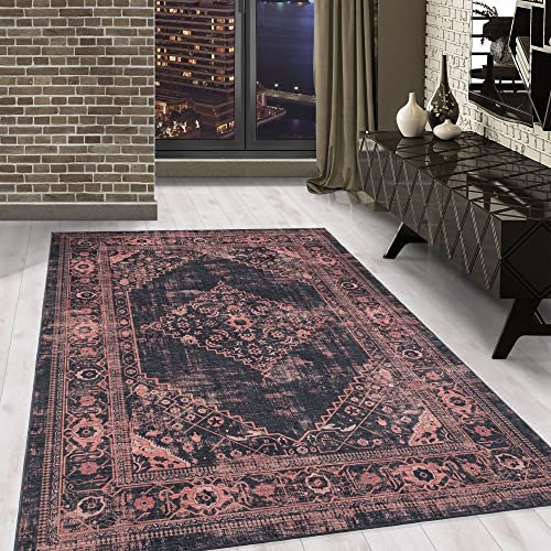 Carpetsale24 Waschbarer Kurzflor Teppich Läufer Rot 80x250 cm Vintage Teppich mit Rutschfester Rückseite, Hautfreundlich & Pflegeleicht, Ideal für Wohnzimmer, Schlafzimmer, Flur