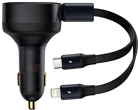 Baseus Cargador de Coche con Cable USB-C + Lightning 3A, 30 W (Negro)