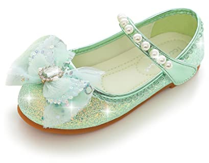Eleasica Niña Zapatos de Princesa Elsa Plana Transpirable Zapatos de Vestir Antideslizante Punta Cerrada Bailarinas Sin Tacón Princesa Aurora Carnaval Navidad Cumpleaños Primavera,Verde,29 EU