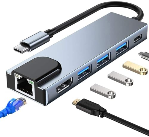 Wowssyo Hub USB C 6-in-1, Docking Station USB C, Multiporta USB Hub, 4K HDTV, Gigabit Ethernet, 100W PD, USB 3.0, Adattatore MacBook M1 Air Pro, per iPad, Switch, Chromecast, e altri dispositivi USB-C