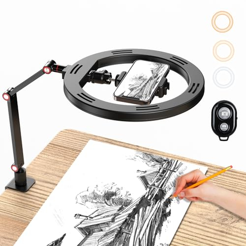 APEXEL Anillo de luz de 10 pulgadas con soporte y soporte para teléfono, luz LED USB para escritorio, trípode con brazo de escritorio ajustable para fotografía, transmisión en directo, YouTube, TikTok