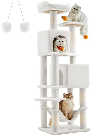 Feandrea Kratzbaum, 155 cm hoch, Katzenbaum mit 5 Kratzsäulen, 2 Plattformen, 2 Katzenhöhlen, Hängematte, 2 Plüschbälle, Plüsch, mehrstöckiges Design, cremeweiß PCT192T01