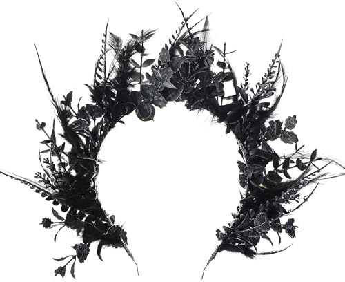 MOSTORY Black Flower Halo Crown - Handmade Gothic Floral Headband with Feather for Women Witch Goth Wedding, Dark Halo Headband for Renaissance Cosplay Photo Shoot
