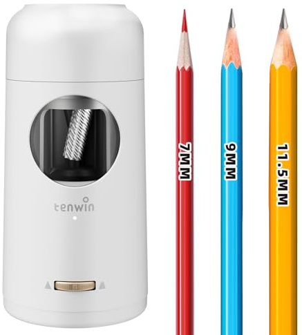 tenwin Rechargeable Electric Pencil Sharpener, Fully Automatic Pencil Sharpener for 7-11.5mm Jumbo Pencils, Hands-Free Sharpener for Colored Pencils, Auto in&Out, Adjustable Pencil Nibs, Silver