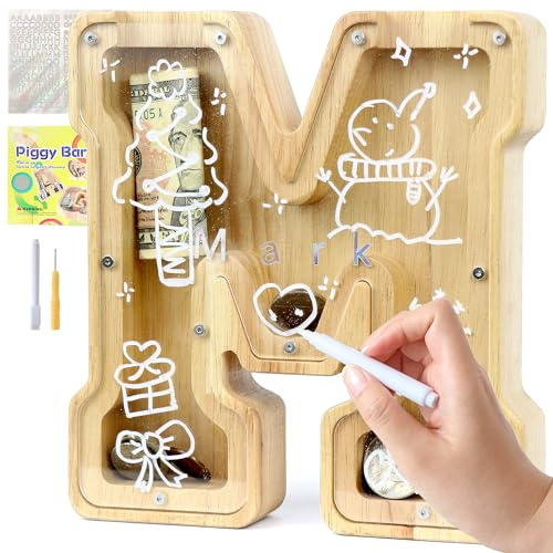 Lakpopya Hucha Original para Niños A-Z - Personalizada de Madera Transparente con Pegatinas, Rotulador y Destornillador - Regalo Infantil (M)