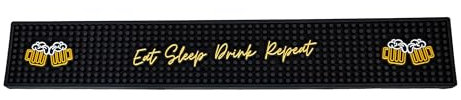 Bar Buddy Rubber Bar Mat Runner | 60cm x 10cm x 1cm | Premium Counter Top Spill Mat for Glassware | Home Bar Man Cave | Non-Slip black PVC | Beer and Cocktail drinks | Eat Sleep Repeat