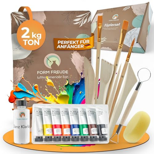 FORM FREUDE Töpferset für Zuhause – DIY Kreativset mit Lufttrocknendem Ton, Modellierwerkzeugen und Anleitung – Töpfern ohne Brennen – Bastelset für Anfänger und Geschenkset für kreative Köpfe