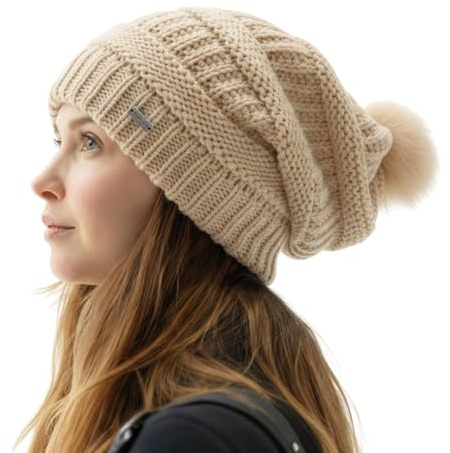 TOP-EX Gorro cálido para mujer con pompón de pelo, transpirable, color beige, talla única
