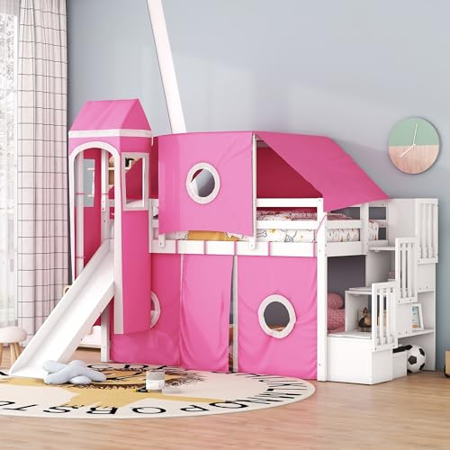 Ball & Cast Twin Size Loft Bed with Tent and Tower,Wood Loftbed w/Fence & Slide,Storage Ladder,Space Saving,Slat Support,Bedframe for Child's Bedroom,Pink