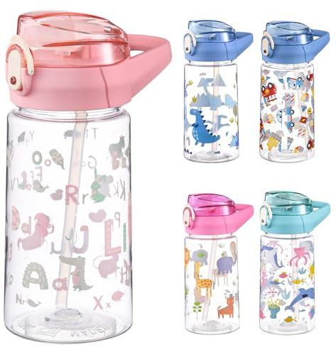 PLUSHCEWT Vattenflaskor för barn 500 ml/17,7 oz vattenflaska för barn med sugrör läckagesäker vattenflaska för barn lätt att öppna säkert lås barnflaska BPA-fri sportflaska för flickor pojkar (A)
