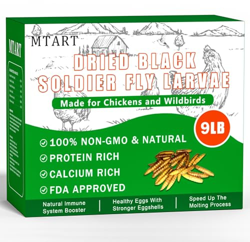 MTART 9LB Dried Black Soldier Fly Larvae Treat for Chicken, 100% Natural Non-GMO More Calcium Than Dried Mealworms High Protein Chicken Feed for Birds, Ducks, Layer Hens