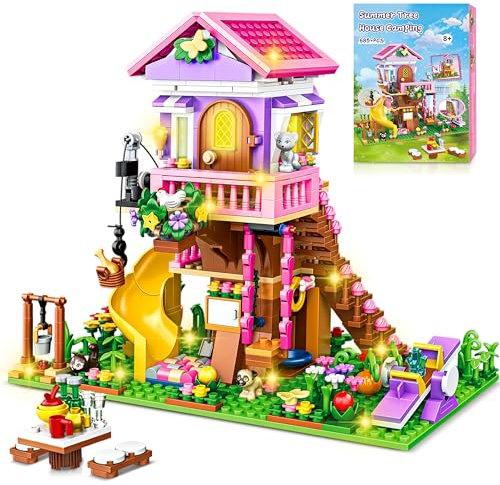 Charmofun Baumhaus Bausteine Set mit LED Licht, 685 Teile Klemmbausteine Haus, Technik Baumhaus mit Rutsche, Haus Bauspielzeug Geschenke für Kinder Mädchen Jungen ab 8 9 10 11 12+ Jahre