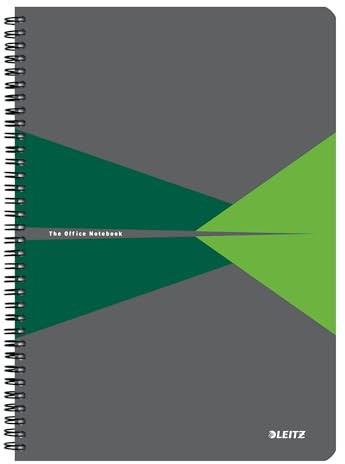 Leitz Office Collegeblock – A4 Rutad Anteckningsblock med Kartongomslag, Spiralbindning, 360 Grad Öppning, 180 Sidor / 90 Ark FSC-Certifierat Papper (80 g/m²), För Kontor & Skola, Grön, 46471055