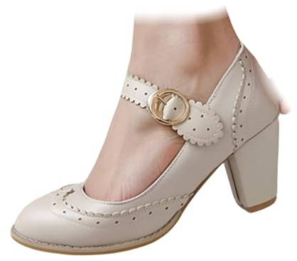 Women's Retro Brogue Court Shoes Chunky Mid Heels Pointed-Toe Pumps with Lace Trim Bavarian Style Shoes Oktoberfest Glam Dirndl Traditional German Statement Beige