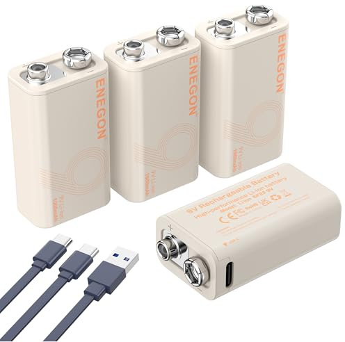 ENEGON 9V 4er-Pack Wiederaufladbare Lithium batterien 3,7Wh/1000mAh Type-C Schnellladung, 9V/0,6A Stabile Leistung, Kompatibel mit Multimeter/Drahtlosem Mikrofon/Rauchmelder und mehr - 6F22