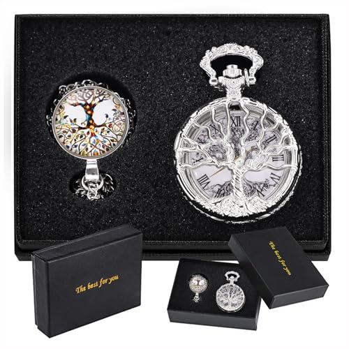 Tiong Vintage Hollow Tree of Life Design Pocket Watch and Pendant, Classic Silver Quartz Roman Numeral Pocket Watches with Chain for Men Women Birthday Graduation