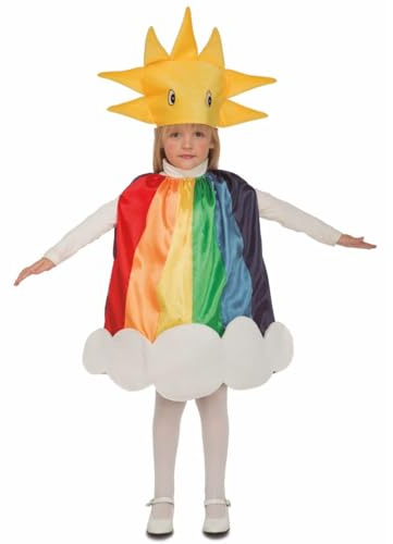 My Other Me Déguisement arc-en-ciel unisexe pour enfant, taille 5-6 ans. Comprend une robe arc-en-ciel avec une basse en forme de nuage et un bonnet en forme de soleil aux yeux peints. Couleur et
