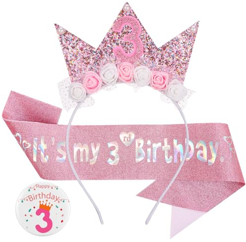 GSrenyu Birthday Decorations for Girls, Flower Princess Crown Headband Set | Girl Headband Glitter Sash and Badge Set Princess Hats Princess for Kids Princess Party Glitter Hair Band Decorations