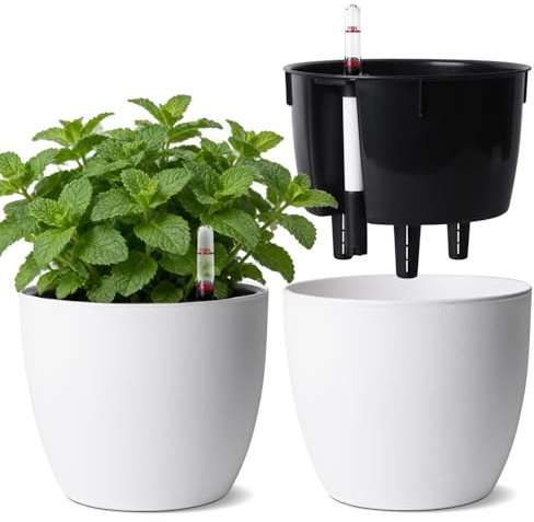 T4U Set De 2 Macetas Autorriego 17,5 Cm Con Indicador Agua, Maceta Autorriego Para Principiantes Y Ocupados, Macetas Decorativas Interior, Maceta Para Pothos Y Monstera, Uso Interior Exterior (Blanco)