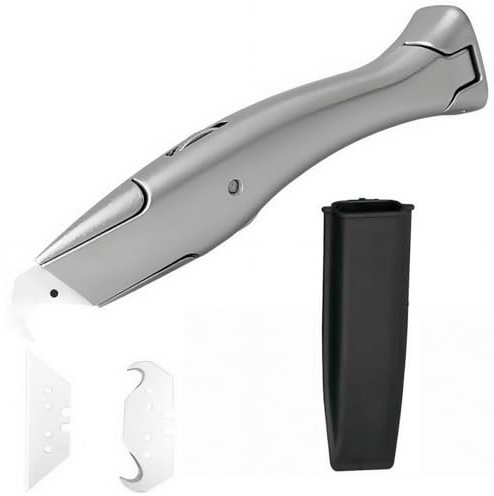 4 Pezzi Taglierino Professionale per Moquette, Coltello Multiuso a Uncino con Lame a Gancio e Trapezoidali, Cutter Professionale Ideale per Moquette, PVC e Cartone, con Custodia di Trasporto, Argento