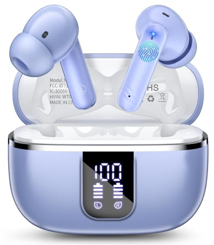W70 Pro Auriculares Inalámbricos Bluetooth 5.4, Cascos Inalámbricos In-Ear con 46H de Batería y Pantalla LED, IPX7 Impermeable Auriculares Deportivos con 4 Micrófonos ENC para Android iOS. Azul