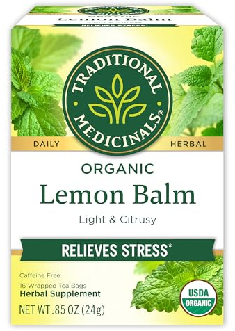 Traditional Medicinals Organic, Lemon Balm - Supports Stress Relief & Digestive Health - Kosher, Non-GMO, Caffeine-Free, Compostable - 16 Tea Bags