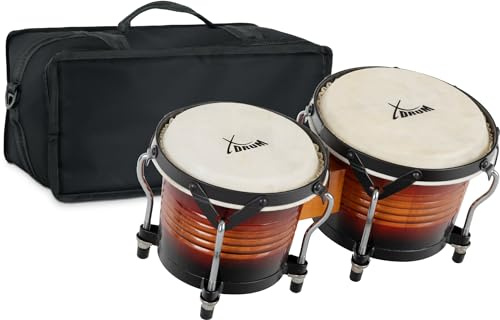 XDrum Bongos Pro Vintage Sunburst - 2 tambores con diámetro de 6,5 (17 cm) y 7,5 (20 cm) - Bongos con pieles naturales afinables, llave de afinación y bolsa - Tambores de madera color rojo marrón