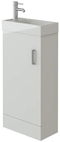 VeeBath BB.MIN010 Sheen Bathroom Cloakroom Vanity Basin Cabinet Unit Free Standing White High Gloss Sink Storage Furniture - 400mm