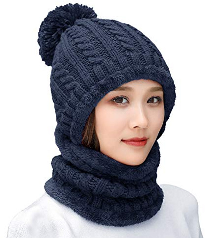 HUAMULAN Women Winter Knit Beanie Hats One Piece Fleece Lined Knit Balaclavas Mask Circle Scarf Set Ski Snow Hat Cap with Pompom