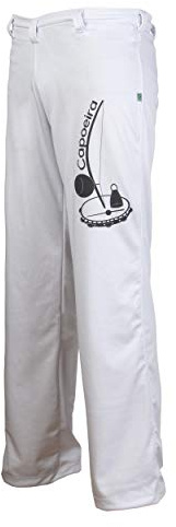 JL Sport Authentic Brazilian Capoeira Men's Martial Arts Trousers (Berimbau Print Alongside Leg) - M White