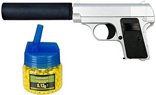 Tiendas LGP, Albainox 35720 Arma Airsoft, Pistola Aire Suave, con silenciador, Potencia 0,28 Julios + Biberón 500 Bolas 12 Gramos de 6 mm. de Regalo