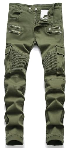 AITITIA Men's Biker Zipper Deco Washed Straight Fit Jeans, Green, 32