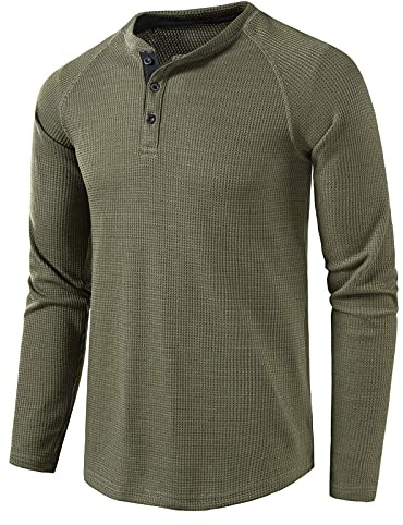 MakingDa Henley T Shirt Mens Long Sleeve Slim Fit Waffle Grandad Shirt | Smart Casual 3 Button Grandad Collar Shirts for Men, Lightweight Raglan Sleeve Collarless Henely Jumper Top