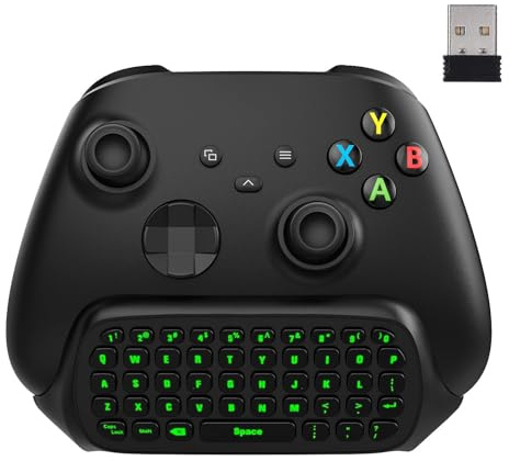 MoKo Wireless Controller Keyboard for Xbox Series X/S & Xbox One/One S/Elite/2 Controller, Mini QWERTY Gaming Chatpad with 2.4G USB Receiver, 3.5mm Audio Jack and Green Backlight, Carbon Black