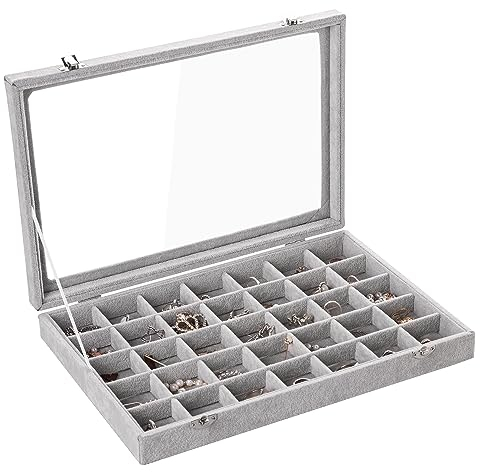 Frebeauty Velvet plateau de bijoux 35 compartiments boîte de rangement bijoux avec couvercle boucles d'oreilles boîte de rangement tiroir insert anneau cadeau pour les femmes (Beige 35 compartiments)