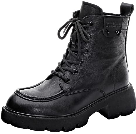 rismart Femmes Lacets Bottines à chevilles avec Zip Talon Grossier Bout Rond Cuir Bottes de Combat Noir, 38 EU