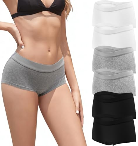 Desanlapi Boxershorts Damen Unterhosen Baumwolle Sportunterwäsche für Damen Pantys Hipster Hotpants Unterwäsche Frauen Boxershorts Weich Panties 6er Pack Schwarz Weiß Grau M