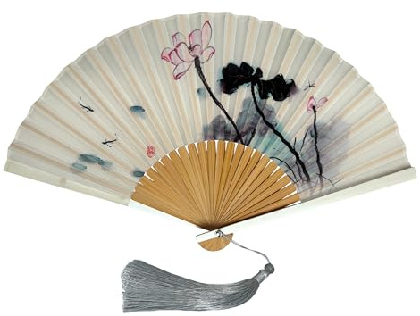 FANSOF.FANS Vintage Artwork Printed Premium Silk Fabric Handheld Folding Fan with Grade A Bamboo Ribs for Women Girls Event Birthday Wedding Favour with Tassel and Pouch (Crystal Pond)
