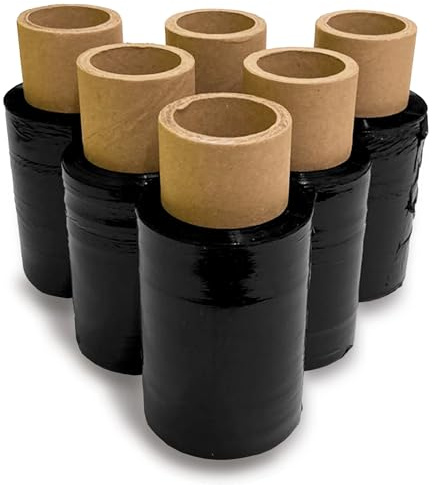 JeeJaan® Lot de 6 rouleaux de film rétractable noir 100 mm x 150 m – Noyau étendu auto-adhésif pour palettes – Film plastique robuste pour déménagement de meubles