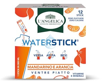 L'Angelica, Waterstick, Gusto Mandarino e Arancia, Ventre Piatto, Con Vitamine e Minerali, Contro Stanchezza e Affaticamento, Zero Zuccheri & Zero Calorie, Senza Conservanti, 1 Astucci da 12 Stick
