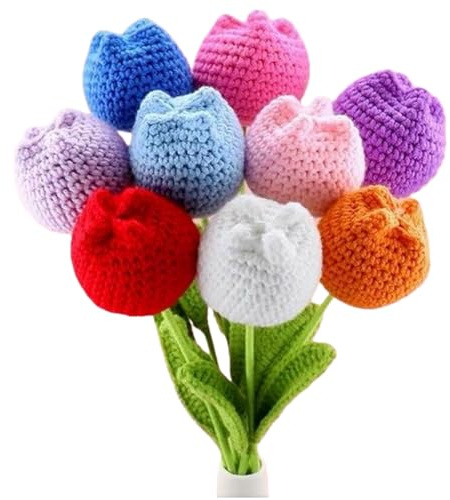 Aiouclay virkad tulpanbukett, 9 st handgjorda stickade tulpaner bukett, falska tulpaner konstgjorda blommor bukett bordsuppsatser, konstgjorda tulpaner gåvor för kvinnor släktingar vänner (blandade