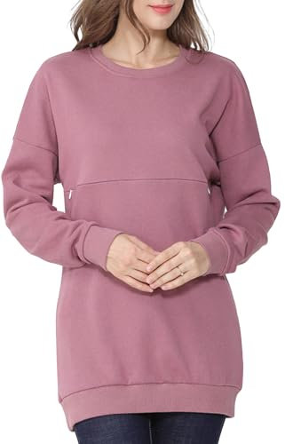 FEOYA Umstandspullover Damen Umstandsmode Stillpullover Baumwolle Stillshirt Langarm Stilloberteile Winter Stillkleidung mit Reißverschluss Rosa XL
