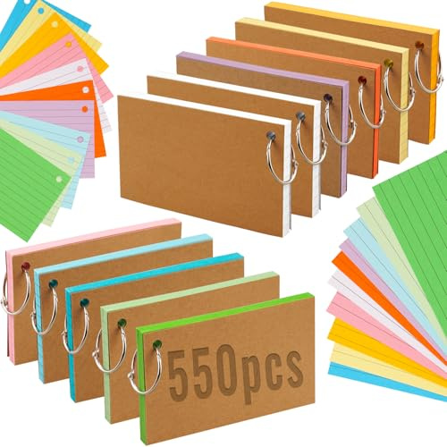 wonkeken 550 Pcs Flash Card 11 Pack Revision Cards 5 * 3 Inch Ruled Index Cards with Horizontal Lines 10 Colors Kraft Paper Notecards with 11 Metal Binder Rings for Office Home Study Record