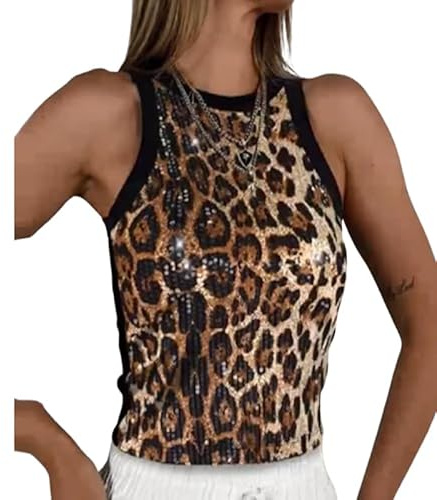 fdsmall Débardeur sans manches à paillettes scintillantes Y2K pour femme, col montant, brillant, imprimé léopard, fête, soirée, Mardi Gras Clubwear, léopard, L