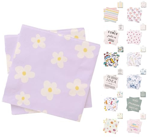 ANDINUS Set de 40 Servilletas de Papel 33x33 cm Decoradas – Diseños Divertidos, Modernos y Coloridos para Fiestas, Cumpleaños, Eventos, Oficina y Uso Diario (Flores Lila)