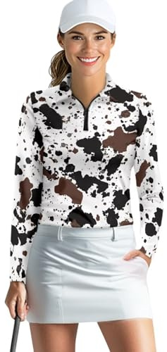 AFPANQZ Women's Golf Shirt Long Sleeve 1/4 Zip Polo Cow Hide Print Fall Blouses for All Weather V-Neck Athletic Top for Golf, Tennis, Hiking & Yoga